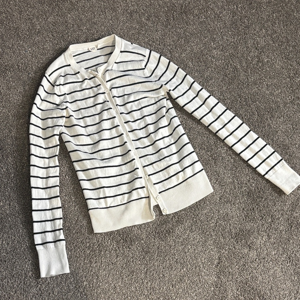GAP Ivory and Black Striped Knit Cardigan: Size XS